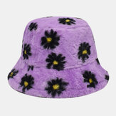 Chapéu de balde com padrão de margarida fofo, macio e quente em lã de cordeiro para mulheres