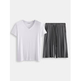 Men Solid Color Short Sleeve Elasticated Waist Pocket Shorts Two Pieces Sleepwear Set