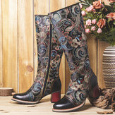 Original 
            SOCOFY Floral Printed Cowhide Leather Warm Non Slip Casaul Mid-calf Boots