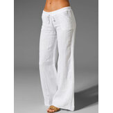 Pierna ancha Mujer Pantalones sueltos de algodón de color puro con cintura elástica Pantalones