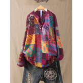 Plus Size ethnischen Stil Blumendruck Patchwork Button Baumwollhemden