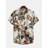 Erkek Pamuklu Tropikal Yaprak Baskılı Kısa Kollu Doğu Sakallı Gömlekler