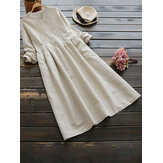 Vintage Women Cotton Solid Color Round Neck Button Long Sleeve Dress