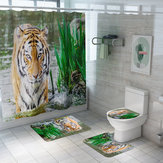 Хонана 4PCS Ванная комната Водонепроницаемая занавеска для душа Животные Тигр Рисунок Коврик для ванной унитазного сиденья Коврик пьедестала Декор ванной комнаты