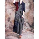 Vestido feminino manga longa casual xadrez folgado patchwork maxi