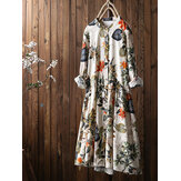 Bladeren bloemenprint geplooide vintage jurk met lange mouwen
