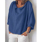 Blusa de manga larga de algodón puro de color sólido para mujer
