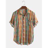 Erkek Pamuklu Colorful Çizgili Cep Kısa Kollu Gömlek