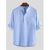 Heren Linnen Casual Roll Sleeve Loose Buttons Pullover Henley Overhemden