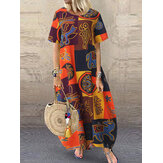 Frauen Retro O-Ausschnitt Kurzarm Loose Baggy Print Maxi Kleid