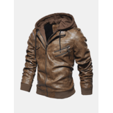 Mens Fashion PU Hooded Zipper Pocket Jacket Warm Thickened Leather Coats