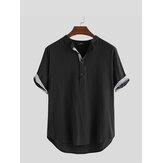 Mens Vintage Half Buttons Solid Color Short Sleeve Casual Shirts