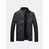 Herfst Herfst Winter Dikke PU Leather Jacket Solid Color Stand Kraag Slim Fit Coat