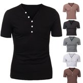 Men Cotton Button Plain Short Sleeve Henley T-shirt