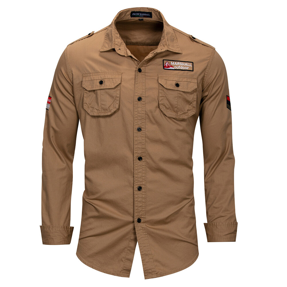 Mens Outdoor Military Pocket Epaulet Cotton Long Sleeve Work Shirts ...