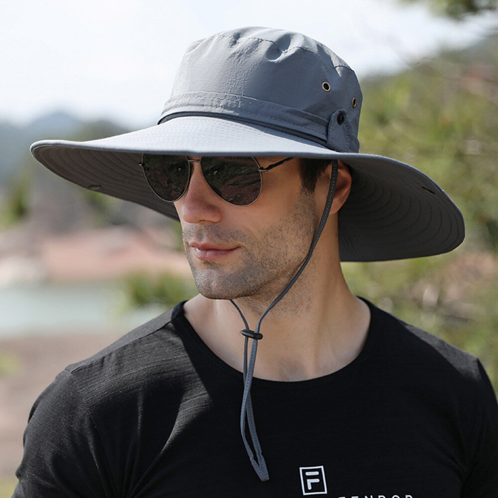 Men Dual-use Anti-UV Bucket Hat Big Brim Windproof Rope Adjustable Outdoor Fishing Sunshade Hat