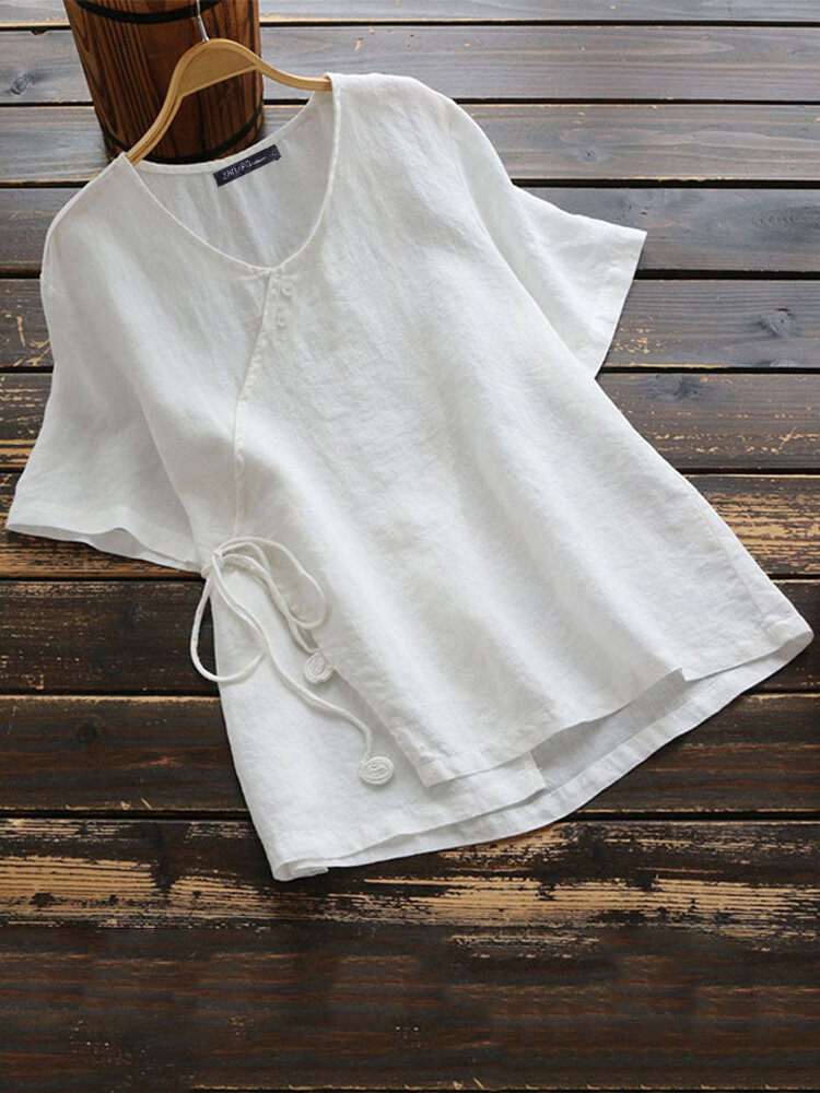 Women cotton button v-neck solid color blouse Sale - Banggood.com