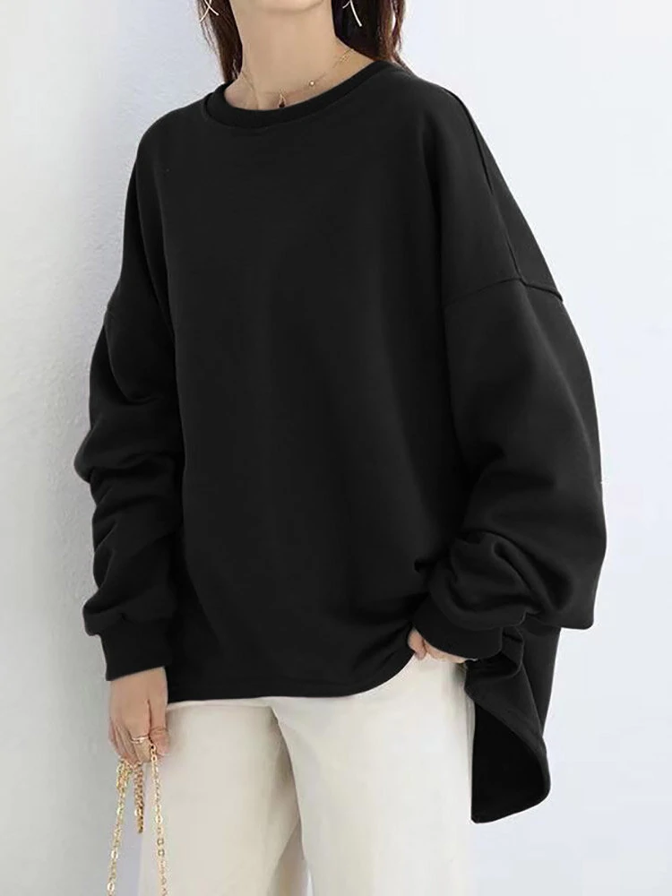 Women loose thick back fork high low solid casual pullover sweatshirt