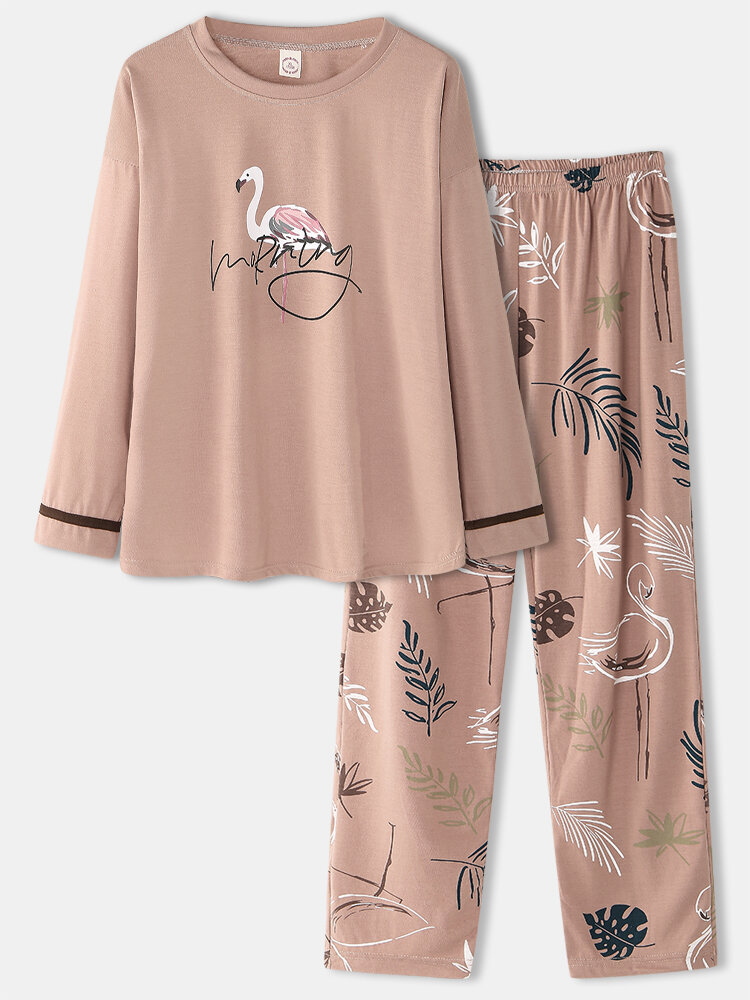 Dames Kraanvogelbladeren Print O-hals Katoenen Lange Mouw Plus Maat Lounge Home Pyjama Sets