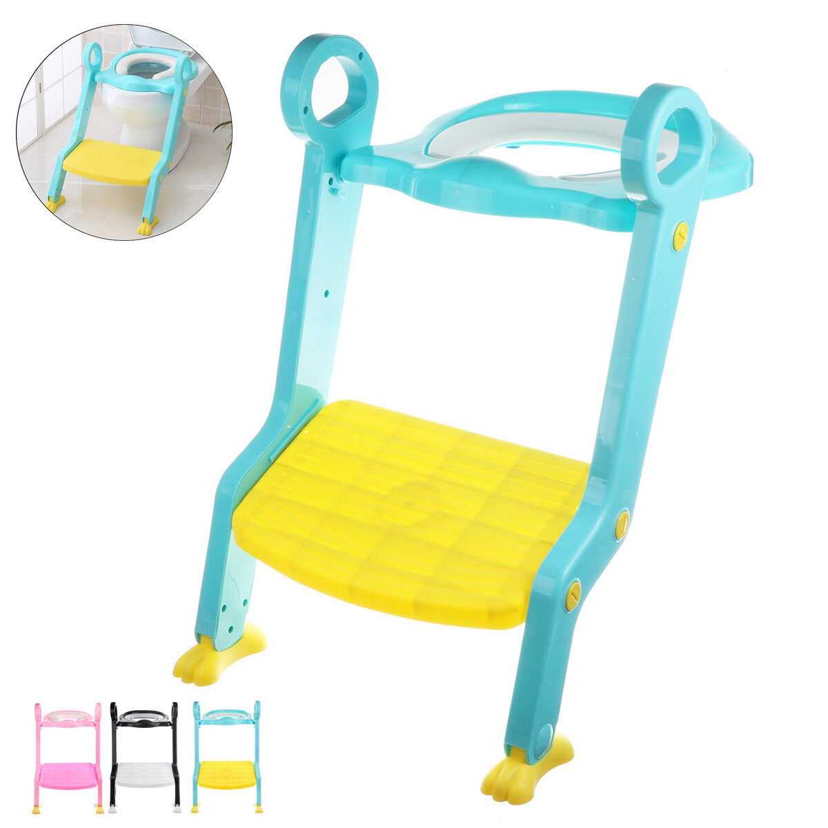 Assento de vaso sanitário infantil dobrável com degrau ajustável para uso seguro. Presente para crianças pequenas.