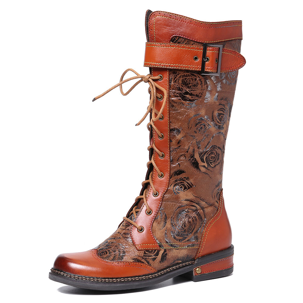 SOCOFY Embossed Rose Pattern Genuine Leather Stitching Metal Buckle Mid Calf Boots