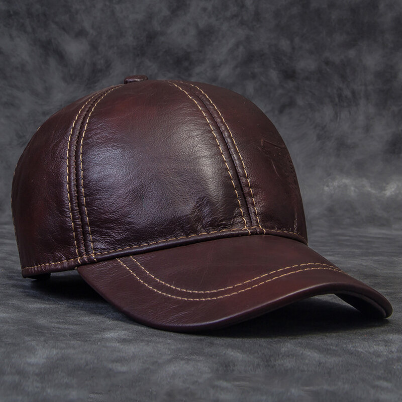 Men Genuine Leather Plain Weave Dome Big Brim Baseball Cap Winter Outdoor Warmth Adjustable Ear Protection Cowhide Hat