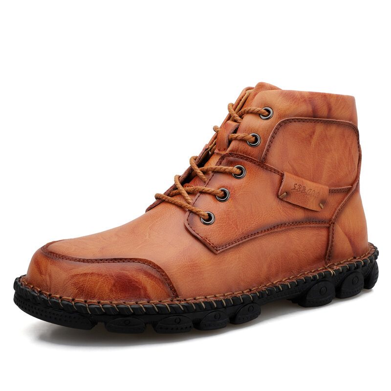 55% OFF on Men Outdoor Comfy Round Toe Casual Hand Sitching High Top Leather Boots