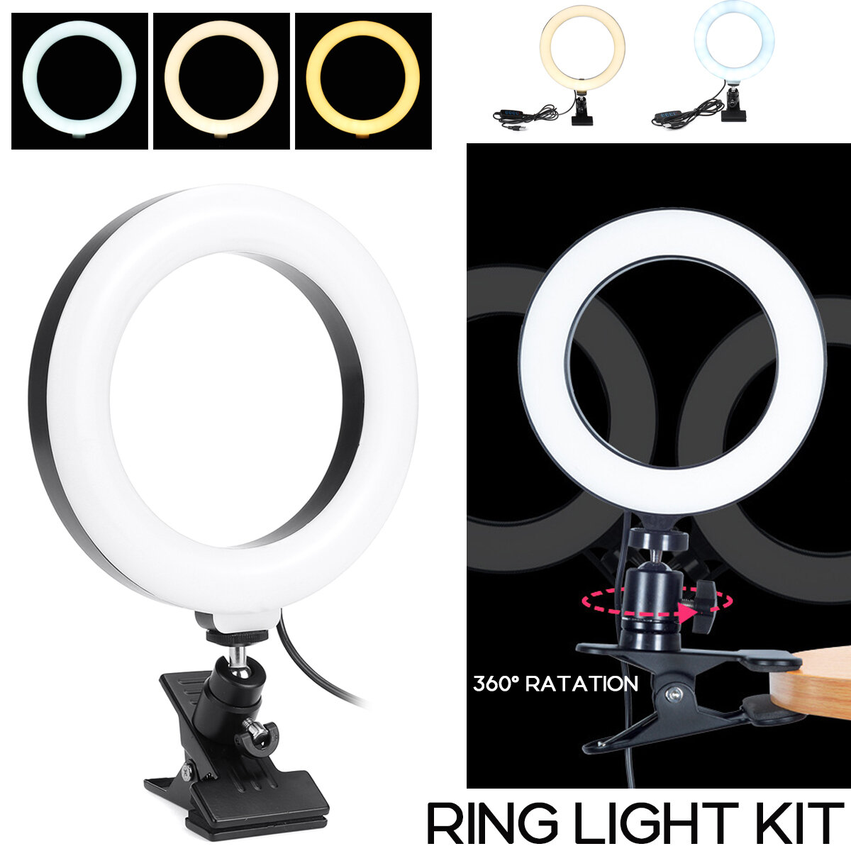 6/8 inch Dektop Fill Light Lamp 2800-7200K 360 ? Rotatie Draagbare Selfie Ring Light