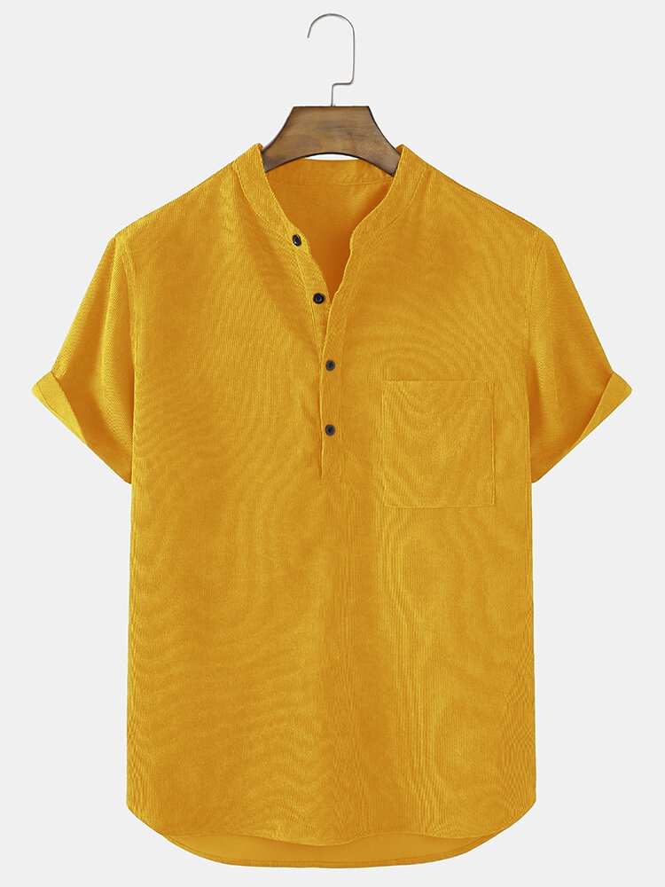 

Banggood Designed Mens Corduroy Stand Collar Pocket Half Buttons Casual Henley Shirts