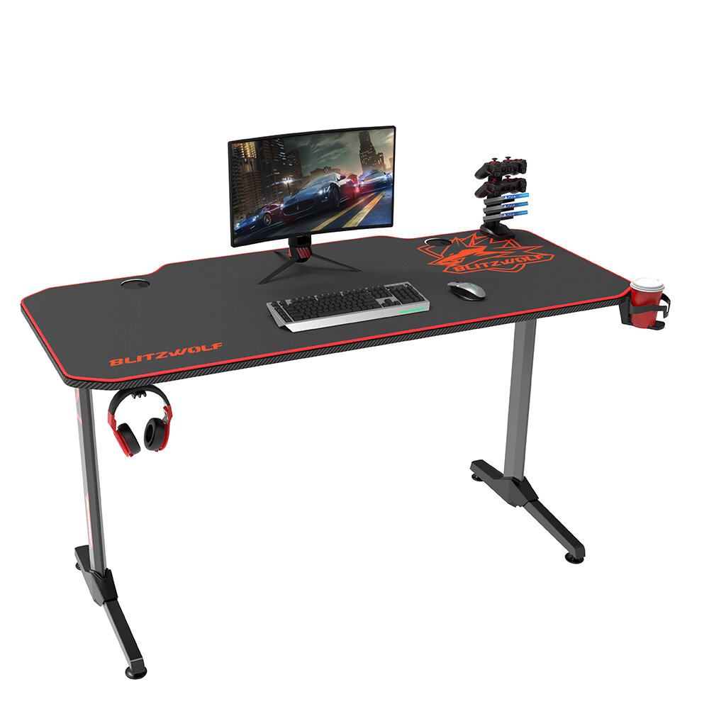 BlitzWolf BW-GD2 Gaming Desk Spacious Desk Computer Table Gamer Workstation Ergonomic Design with Full Desk Mouse Pad Game Handle Rack Cup Holder and Headphone Hook Holder for Home Office