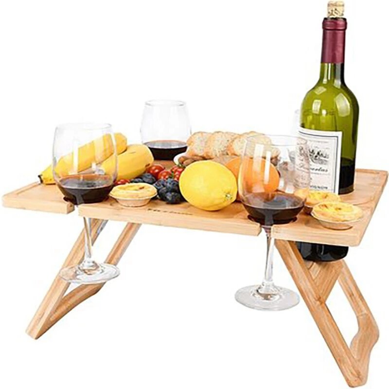Portable Foldable Wooden Table with Glass Rack Cup Holder for Home Supplies