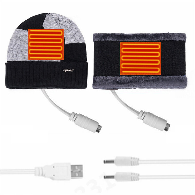 Ensemble bonnet et écharpe chauffants électriques rechargeables et lavables, doux et tricotés pour l'hiver, pour la tête et le cou