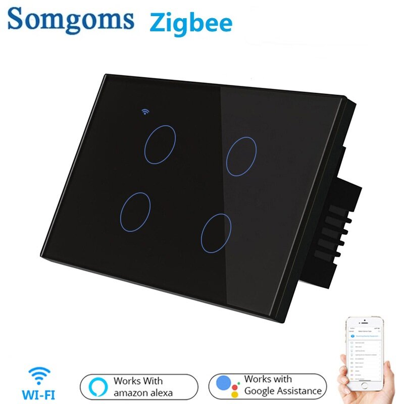 Somgoms Tuya 4Gang 1/2 Way US WiFi ZB Smart Lights Wall Touch Switch APP Voice Remote Control Wirele