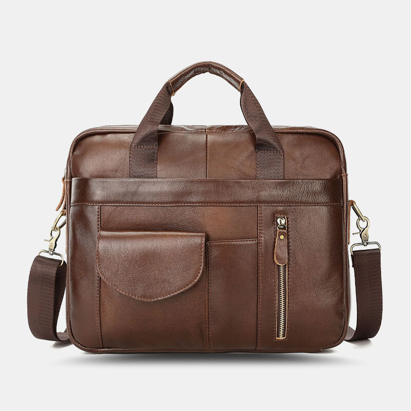 Ekphero Men First Layer Cowhide Multi-pocket Business Shoulder Bag 15.6 Inch Laptop Bag Briefcase Handbag