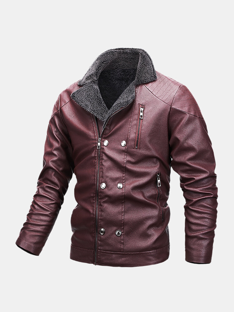 

Mens Multi Pocket Zipper Button Long Sleeve Warm PU Leather Biker Jacket