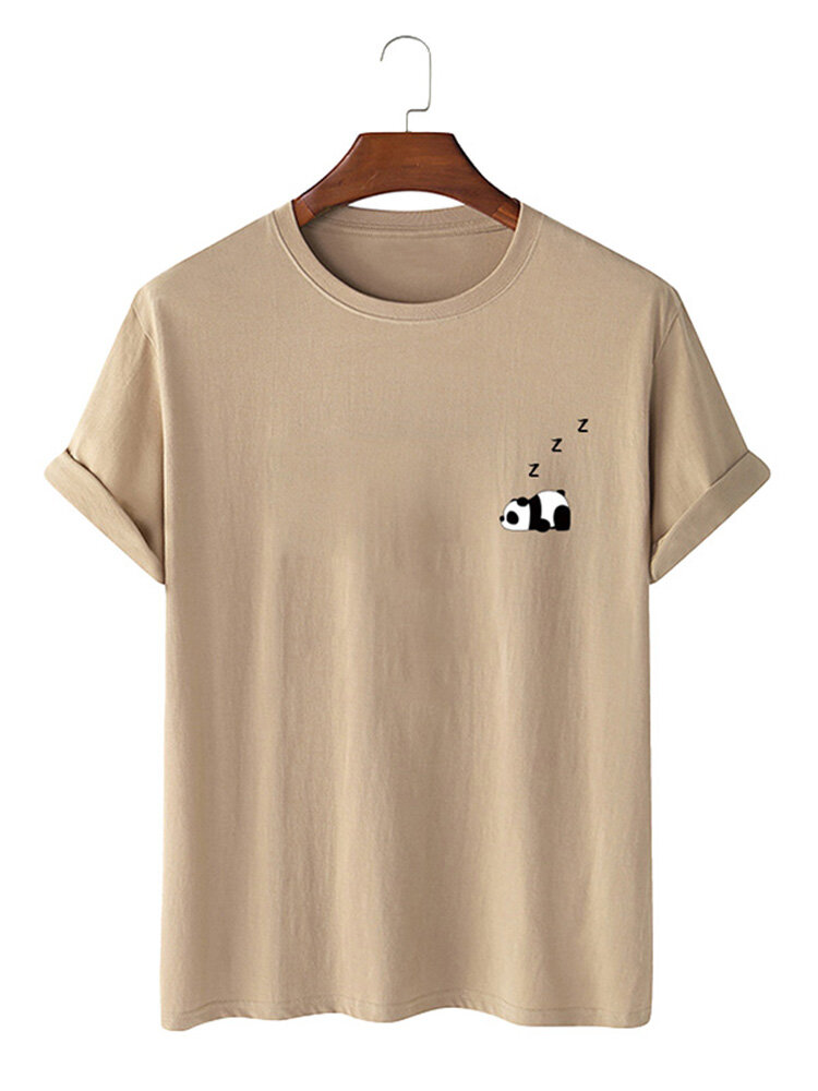Mens 100% Cotton Solid Color Panda Print Thin Casual T-Shirt