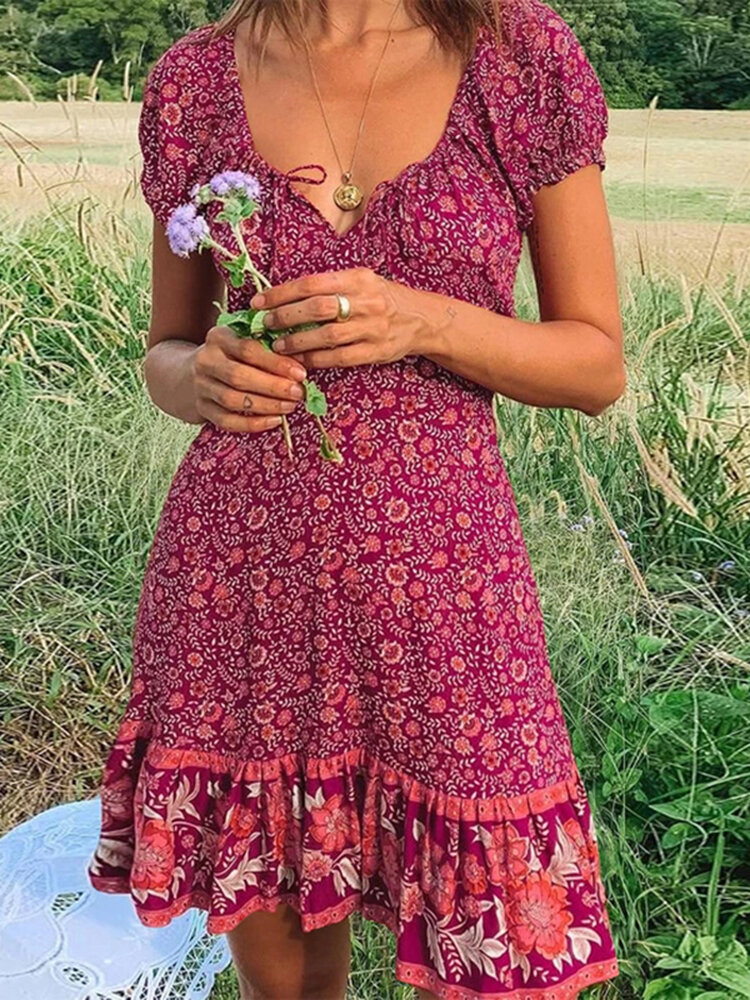 Women's Bohemian V-Neck Floral Spliced Short Sleeve Casual Mini Dress