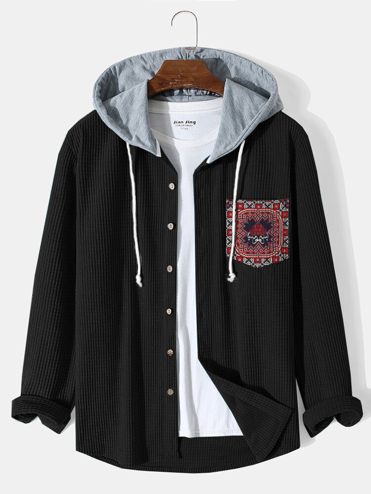 

Mens Ethnic Pattern Chest Pocket Corduroy Contrast Hooded Shirts