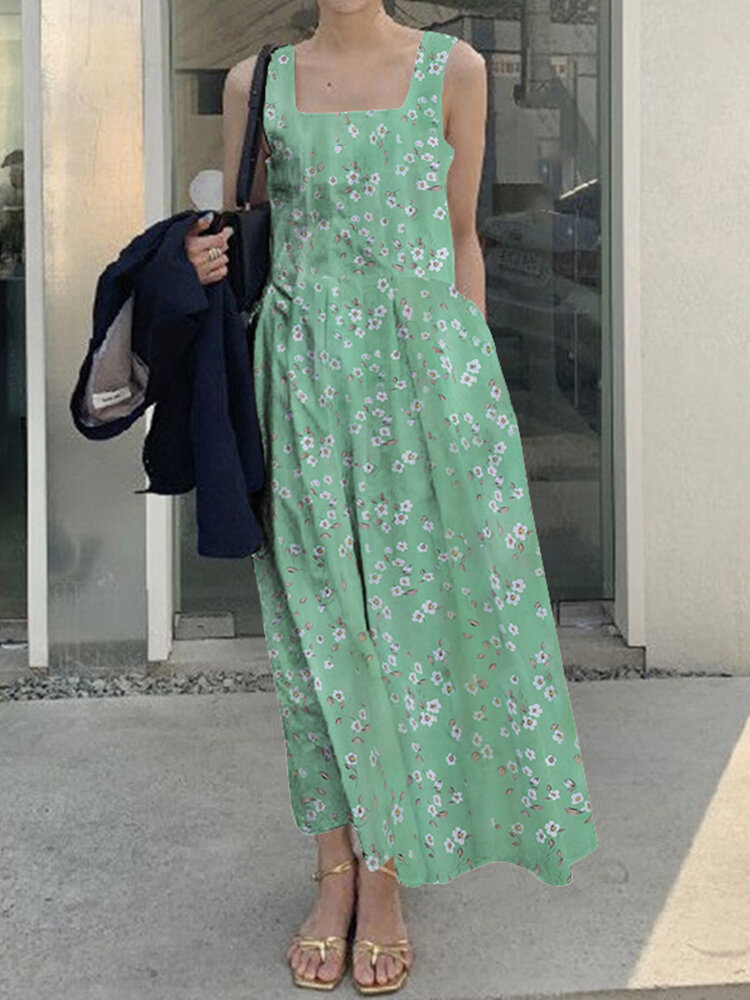 Floral Print Ruched Sleeveless Square Collar Maxi Dress