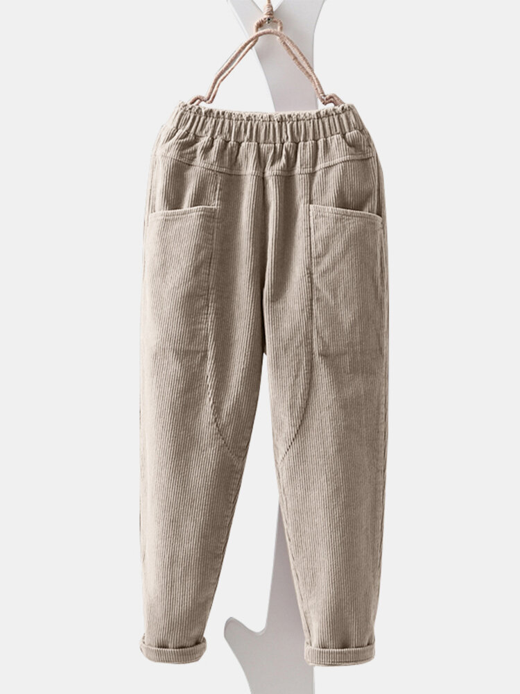 Women Solid Corduroy Elastic Waist Wide-Legged Smple Comfortable Pants