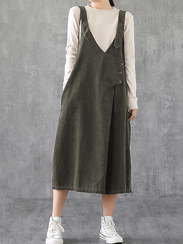 Dames Corduroy Verstelbare schouderriem V-hals Solid Side Pocket Casual Midi-jurk