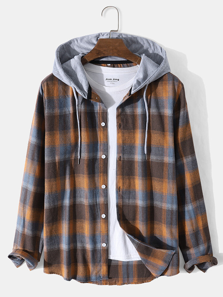Men Plaid Contrast Button Front Casual Long Sleeve Hooded Shirts