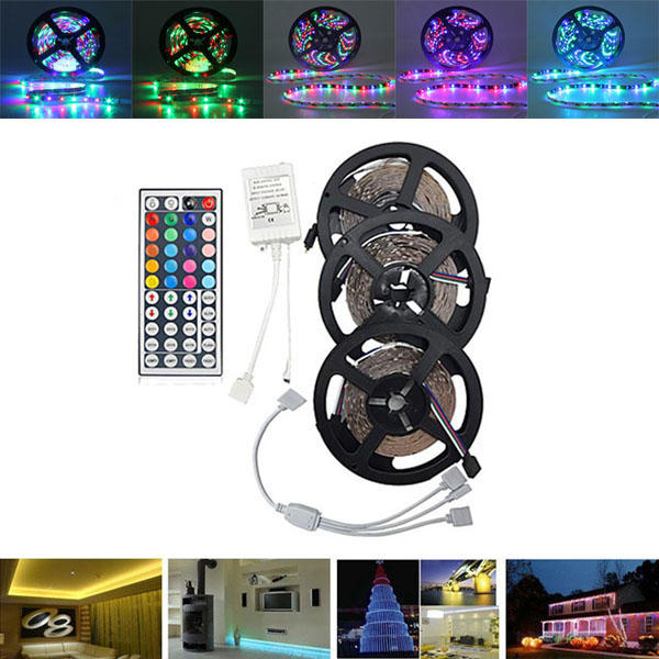 15M SMD3528 Non-Waterproof RGB 900 LED Strip Light Kit + 44 Keys Controller + Cable Connector DC12V