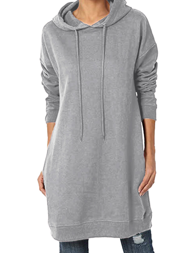 Women Solid Color Casual Long Sleeve Drawstring Side Pocket Hooded Sweatshirt