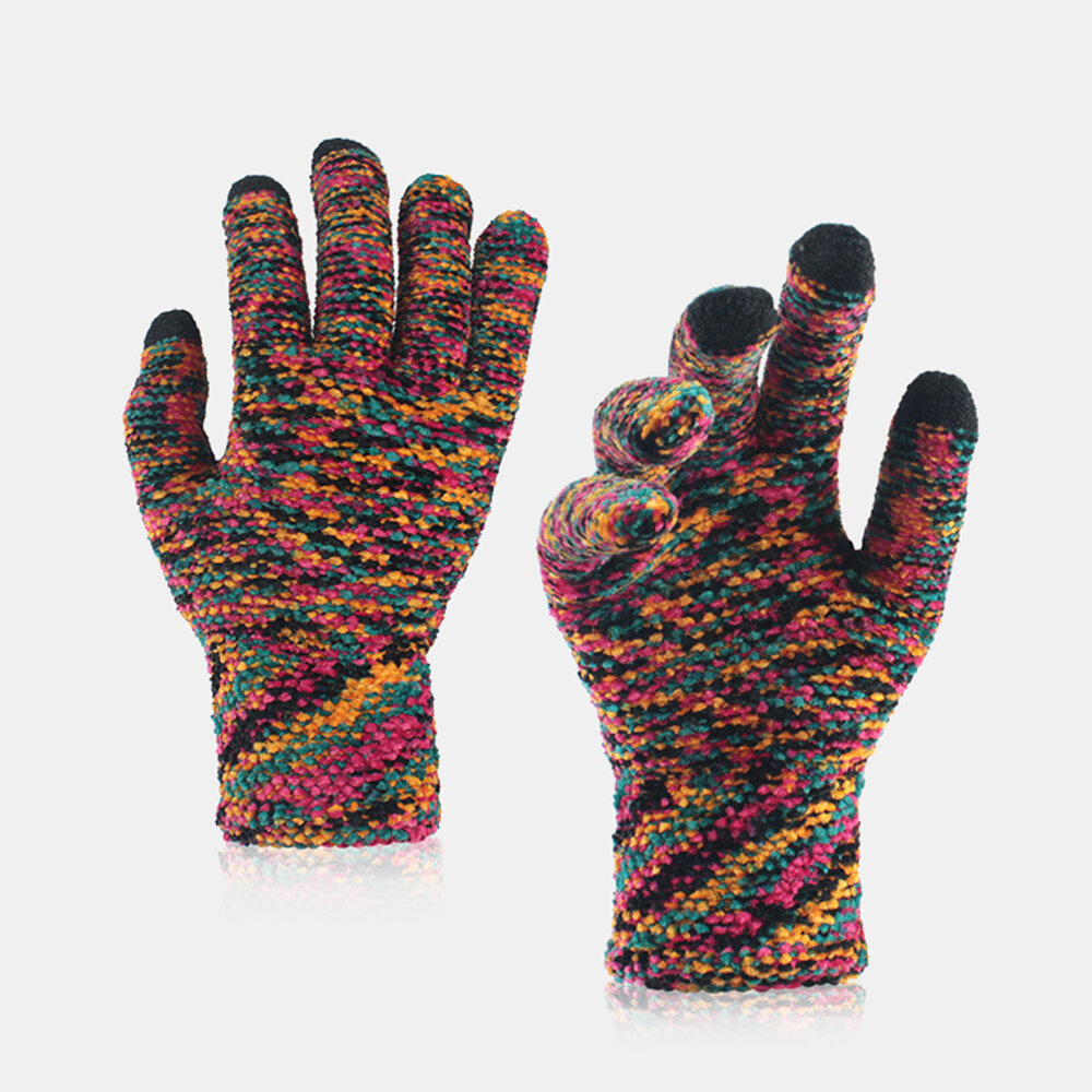 Unisex Colored Knitted Three-finger Touch-screen Chenille Gloves Winter Outdoor Cool Protection Warm