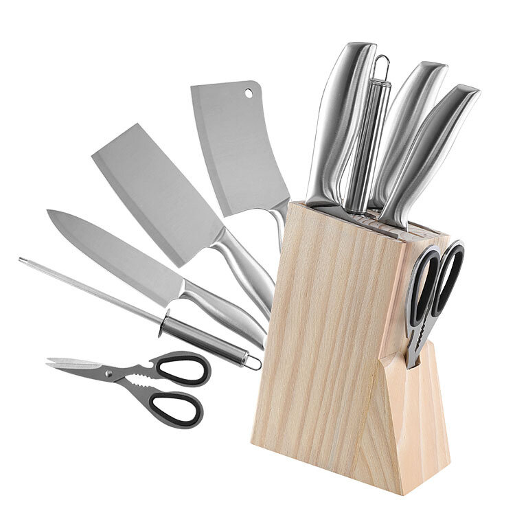 

6 PCS Stainless Steel Kitchen Knife Set Meat Cleaver Slicer Chef Fruit Paring Knife Sharpener Scissors With Wooden Knife