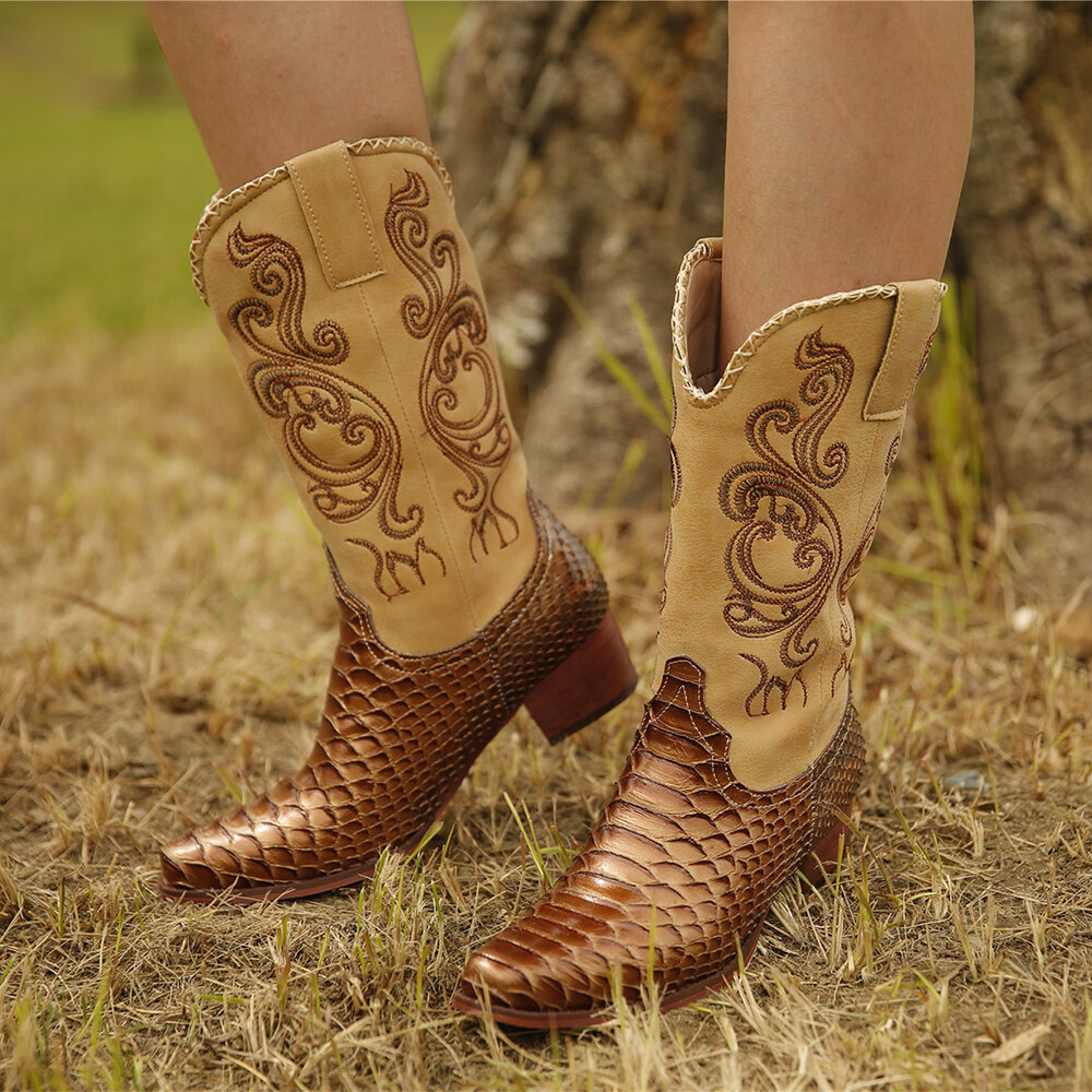 50% OFF on Plus Size Women Embroidered Splicing Chunky Heel Mid Calf Cowboy Boots