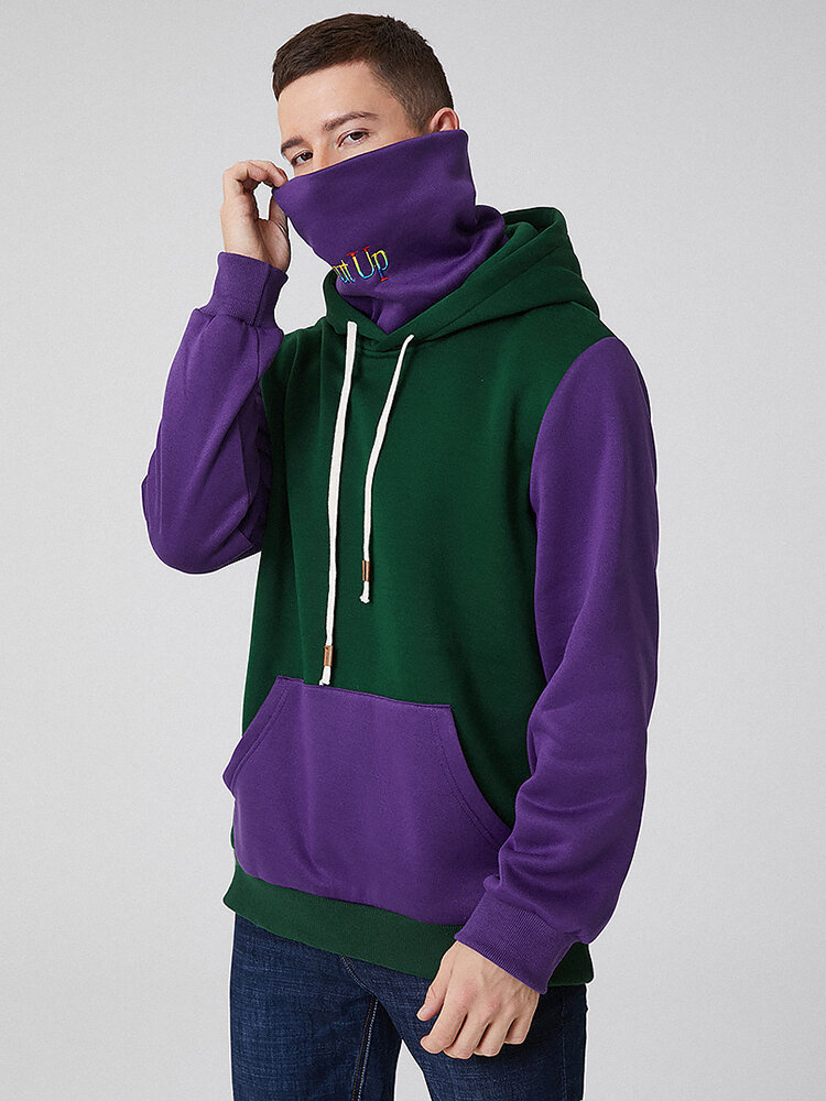 

Mens Contrast Patchwork Kangaroo Pocket Hoodie With Letter Embroidery Snood