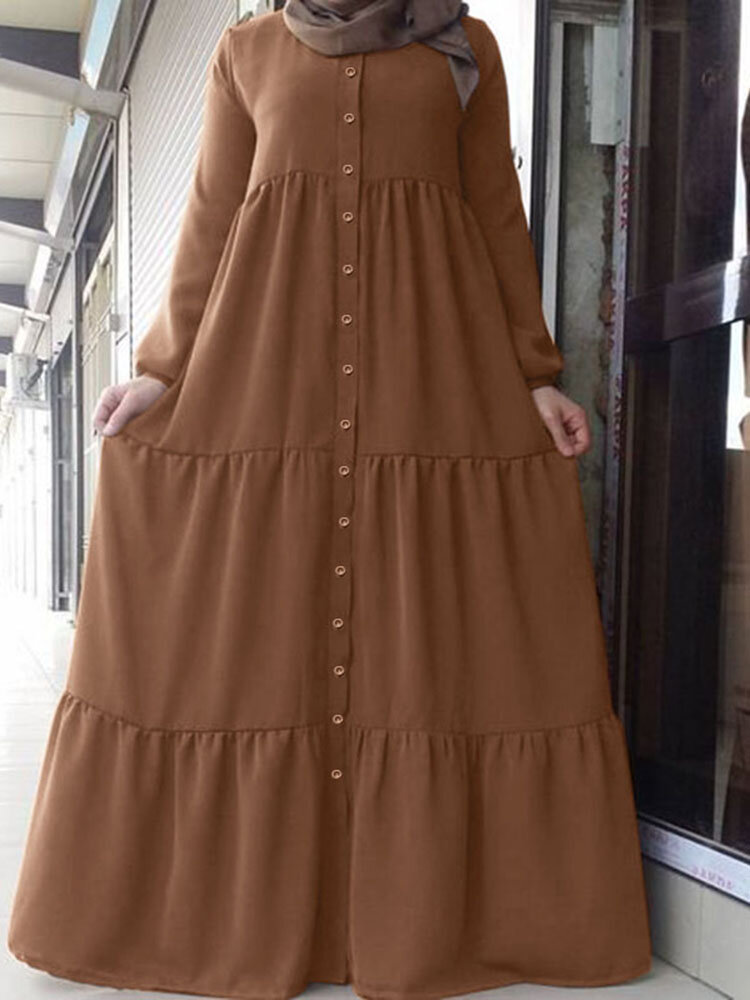 Dames vintage effen kleur button-down front patchwork gelaagde maxi-jurk