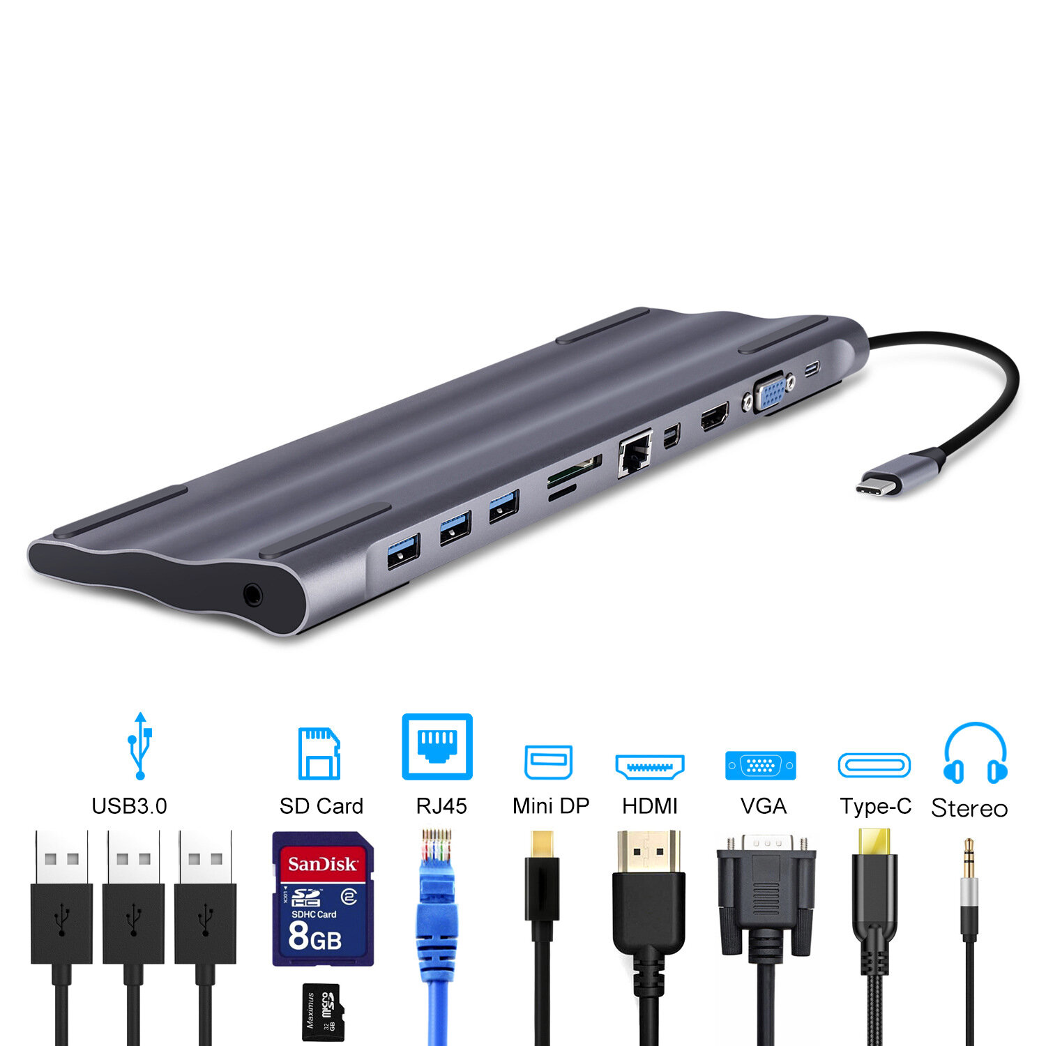 

Bakeey 11-in-1 USB-C Type-C Hub Adapter With 3 * USB 3.0 Ports / 60W Type-C PD Charging Port / 4K HD Display Interface /